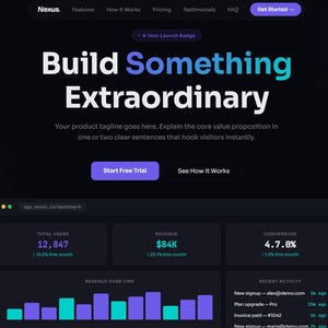 May include: A dark website interface with the headline "Build Something Extraordinary." The page includes a call to action button, a dashboard displaying data visualizations, and a navigation bar with various options.
