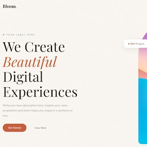 Może przedstawiać: Projekt strony internetowej z tekstem "We Create Beautiful Digital Experiences". Projekt zawiera gradient fioletowych, niebieskich i różowych kolorów. Strona internetowa zawiera również tekst "Bloom".