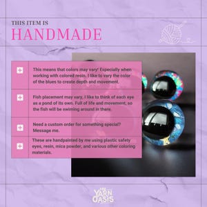May include: Round, clear resin safety eyes featuring embedded miniature fish and aquatic elements. The eyes have a large, solid black pupil and a blue-toned iris with colourful, detailed marine life graphics. The text reads THIS ITEM IS HANDMADE.