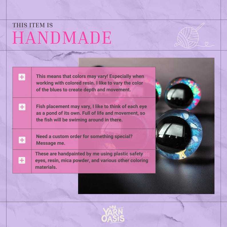 May include: Round, clear resin safety eyes featuring embedded miniature fish and aquatic elements. The eyes have a large, solid black pupil and a blue-toned iris with colourful, detailed marine life graphics. The text reads THIS ITEM IS HANDMADE.