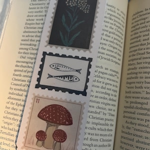 Botanical and Fish-Themed Postage Stamp Bookmark | Nature-inspired Stationery, Bookish Gift, Collage Designed Art