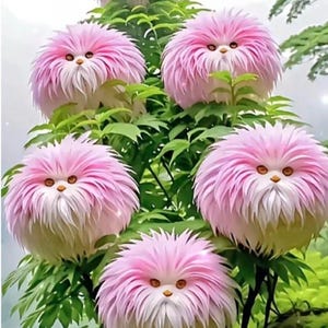 Puede incluir: Imagen surrealista de una planta con estructuras rosas y esponjosas en forma de flor. Cada flor tiene apariencia de rostro con ojos pequeños y redondos y una característica en forma de pico. La planta se encuentra sobre un fondo de follaje verde.