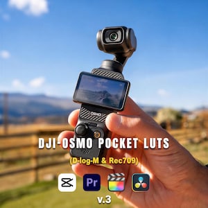 May include: A black DJI Osmo pocket camera with a gimbal-mounted lens and a rectangular screen displaying a landscape. The text DJI-OSMO POCKET LUTS (D-log-M & Rec709) and v.3 is visible, along with four software icons for video editing.
