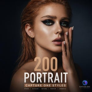 May include: A portrait of a person with auburn hair and dark eye makeup, featuring the text 200 PORTRAIT CAPTURE ONE STYLES STUDIO | OUTDOOR | NATURAL | FASHION | CINEMATIC and a small logo with the number 1 and the text CAPTURE ONE USED BY PROFESSIONALS.