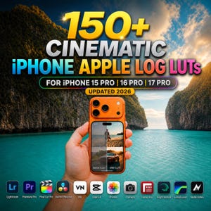 May include: An orange smartphone displaying a split-screen video comparison labeled Before (Log) and After (LUT). Text reads 150+ CINEMATIC IPHONE APPLE LOG LUTs FOR IPHONE 15 PRO | 16 PRO | 17 PRO UPDATED 2026. Icons for video editing software are below.