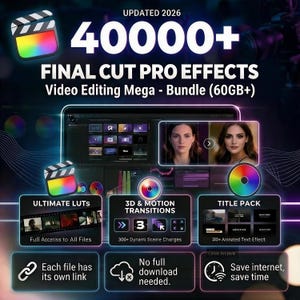 May include: A digital product advertisement for a 40000+ Final Cut Pro Effects Video Editing Mega-Bundle (60GB+). The graphic features a clapperboard icon, a computer interface showing video editing, and text boxes for Ultimate LUTs, 3D & Motion Transitions, and a Title Pack.