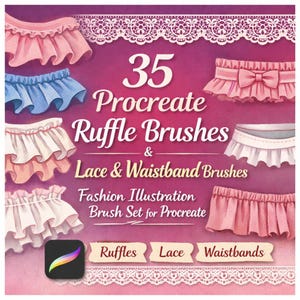 Puede incluir: Gráfico de arte digital con 35 pinceles Procreate Ruffle, Lace & Waistband Brushes. La imagen muestra ejemplos de diseños de volantes y encajes en rosa, azul y blanco. El texto incluye "Fashion Illustration Brush Set for Procreate."