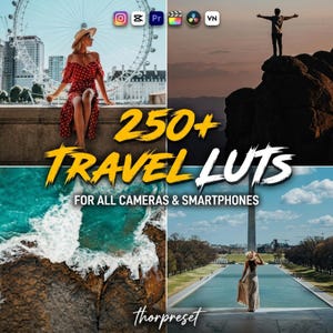 May include: A digital product advertisement for 250+ Travel LUTs for all cameras and smartphones. The image features a collage of four travel scenes, including a person in a red dress, a silhouette on a cliff, ocean waves, and a monument view.