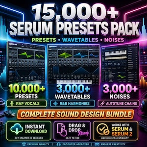 May include: A digital product advertisement for a 15,000+ Serum Presets Pack featuring three software interface displays, neon text labels for presets, wavetables, and noises, plus icons for instant download, drag and drop, and compatibility.