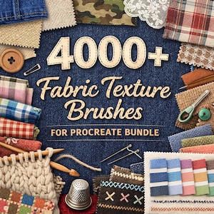 Könnte beinhalten: Ein Bild mit verschiedenen Stoffmustern, Nähwerkzeugen und dem Text "4000+ Fabric Texture Brushes for Procreate Bundle" auf einem Jeanshintergrund. Enthält Knöpfe, Nadeln, Scheren und Strickwaren.