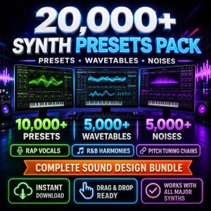 May include: A digital sound design bundle featuring 20,000+ synth presets, wavetables, and noises. The graphic displays three computer monitors showing audio software interfaces, with text labels for rap vocals, R&B harmonies, and pitch tuning chains.