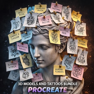May include: A digital art bundle advertisement featuring a statue with sticky notes pinned to it. The notes display tattoo designs like skulls, roses, and mythical creatures. The text reads "3D MODELS AND TATTOOS BUNDLE PROCREATE."
