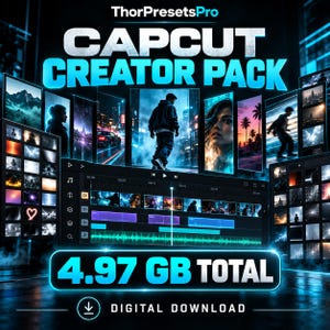 May include: A digital product display titled ThorPresetsPro CapCut Creator Pack featuring a video editing interface, multiple cinematic image panels, and a prominent 4.97 GB total label. The design uses a dark theme with bright cyan accents.