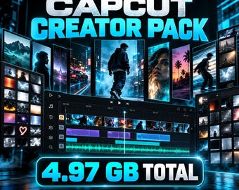 May include: A digital product display titled ThorPresetsPro CapCut Creator Pack featuring a video editing interface, multiple cinematic image panels, and a prominent 4.97 GB total label. The design uses a dark theme with bright cyan accents.