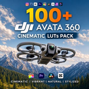 May include: A digital product pack featuring a DJI Avata drone with a gray frame and camera lens. The text reads 100+ DJI AVATA 360 CINEMATIC LUTs PACK, CINEMATIC | VIBRANT | NATURAL | STYLIZED, with various software icons displayed above and below.