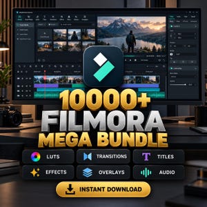May include: A digital product display for the 10000+ Filmora Mega Bundle featuring a computer monitor showing video editing software, with icons for LUTS, transitions, titles, effects, overlays, and audio, plus an instant download button.