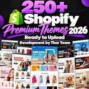 May include: A digital graphic displaying 250+ Shopify Premium Themes 2026 Ready to Upload Development by Thor Team, featuring a collage of various e-commerce website layouts showcasing fashion, furniture, beauty, sports, and home decor products.