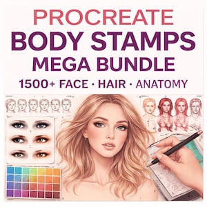 Paquete Mega de Sellos Corporales para Procreate: Más de 1500 pinceles de anatomía para rostro y cabello, guías para ojos, labios, manos, pies y cabeza, y paquete de arte para tatuajes y diseño de personajes.