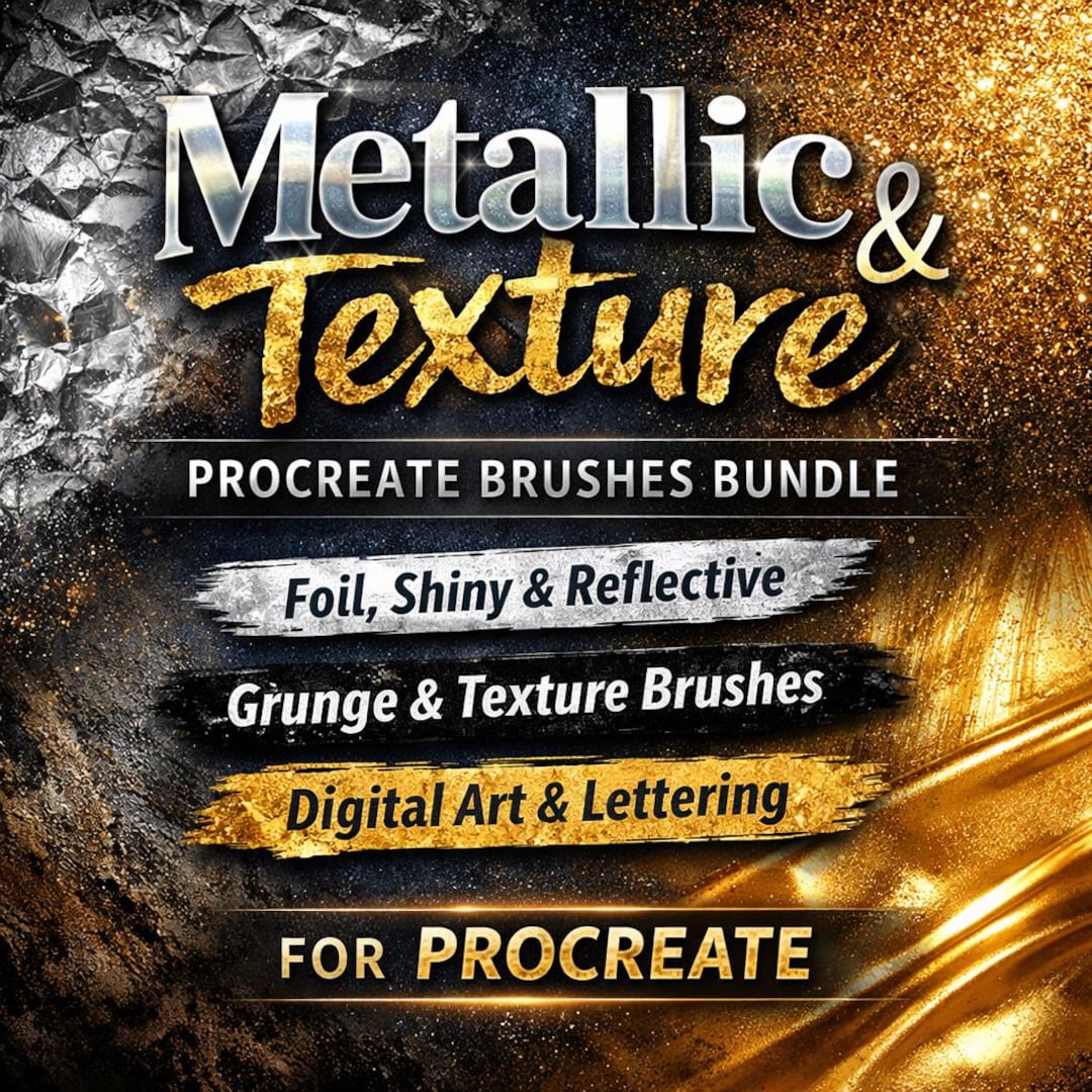 Metallic Texture Procreate Brushes Bundle, Foil Shiny Reflective Brush ...