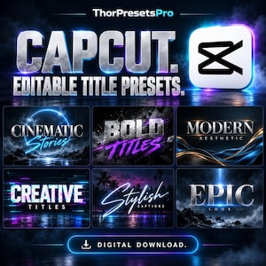 May include: A digital graphic display featuring the text ThorPresetsPro, CAPCUT, and EDITABLE TITLE PRESETS. It showcases six distinct text styles labelled Cinematic Stories, Bold Titles, Modern Aesthetic, Creative Titles, Stylish Captions, and Epic Look.