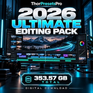 Peut inclure: Une publicité pour le produit numérique ThorPresetsPro 2026 Ultimate Editing Pack. L'image montre un écran d'ordinateur large affichant un logiciel de montage vidéo avec un paysage de montagne, totalisant 353,57 Go, disponible en téléchargement.