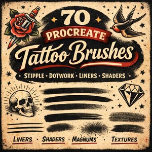 70 Procreate Tattoo Brushes Set Stipple Dotwork Liners Shaders Magnum Tattoo Flash Brushes Digital Tattoo Design Brushes Pack