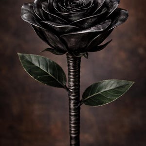 Puede incluir: Escultura de rosa de metal negro hecha a mano, con pétalos detallados y dos hojas verdes. El tallo texturizado sostiene la flor sobre un fondo marrón oscuro, presentando una obra de arte floral única.
