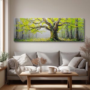 May include: A large, rectangular oil painting depicts a vibrant forest scene. A massive tree with textured bark and bright green leaves dominates the center. The background features a misty forest with tall, slender trees, creating a sense of depth and tranquility.