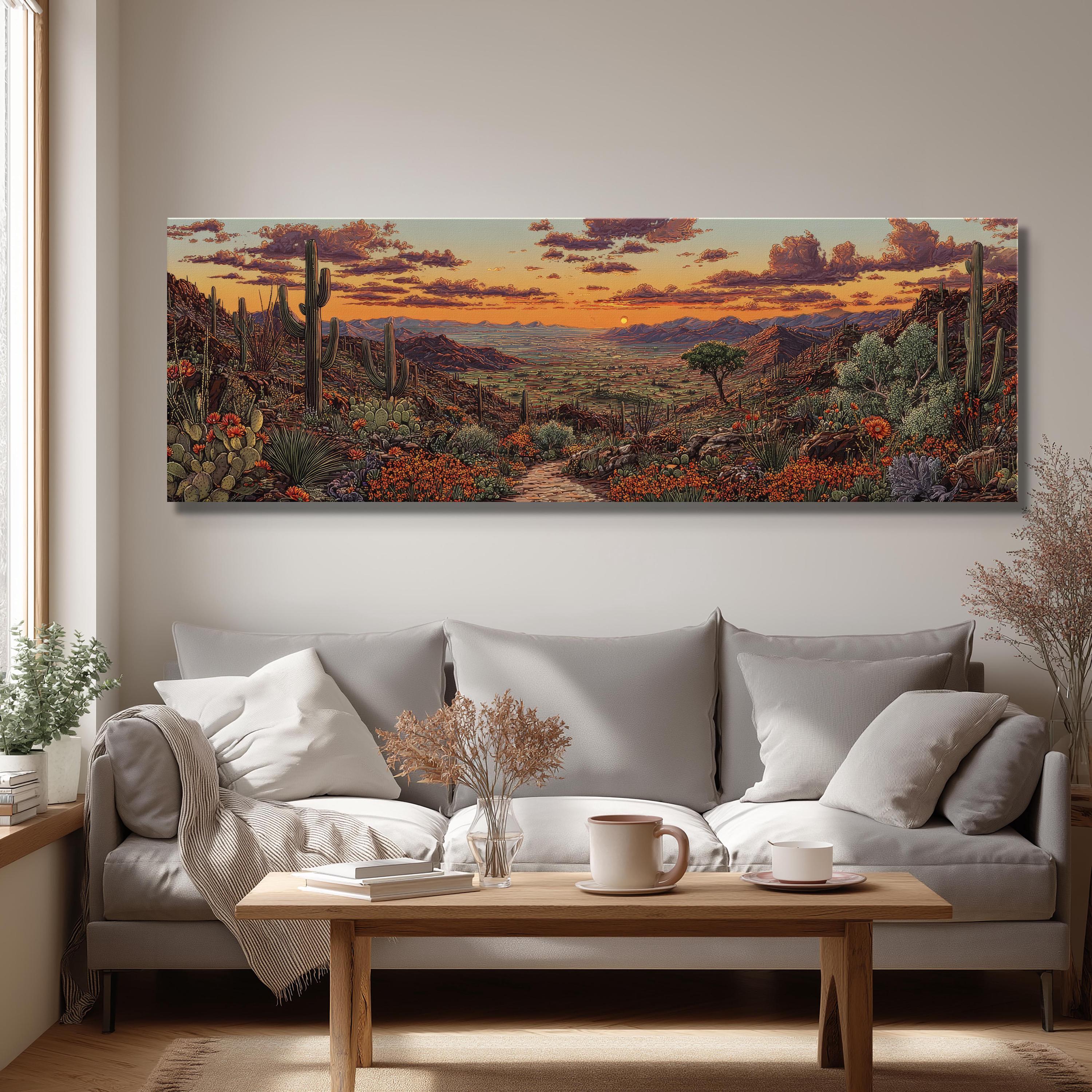 Large Saguaro Cactus Desert Sunset Canvas Art, Southwest Panoramic Wall ...