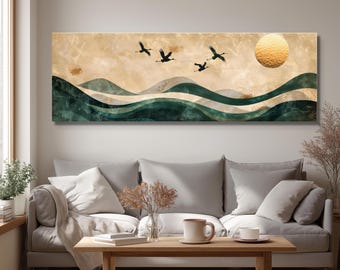 Arte em tela com garça japonesa, impressão de paisagem zen da Montanha Esmeralda