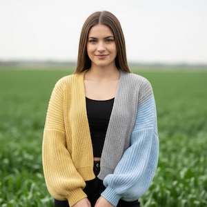 May include: A color-block cardigan in yellow, gray, and blue. The open-front sweater has long, puffy sleeves and a cropped fit. The model is wearing a black top and black pants. The background is a green field.
