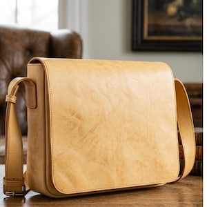May include: A light tan leather messenger bag with a flap closure and adjustable shoulder strap. The bag has a rectangular shape with rounded corners and a buckle closure on the strap. The leather has a natural, textured appearance.