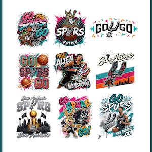 May include: A collection of nine San Antonio Spurs basketball themed graphic designs featuring team logos, basketballs, mascots, the San Antonio skyline, and player imagery with vibrant colors and text including Go Spurs Go, The Alien, and Victor Wembanyama.