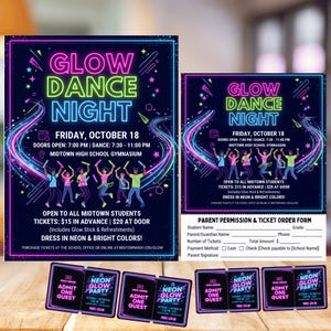 Plantilla de folleto para fiesta nocturna Glow Dance Night en Canva, invitación a fiesta neón para instituto con formulario de autorización, paquete de talones de entrada para estudiantes