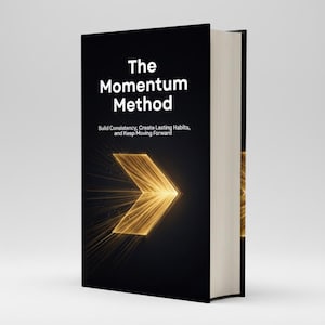 May include: A hardcover book titled The Momentum Method with the subtitle Build Consistency, Create Lasting Habits, and Kesp Moving Forward. The black cover features a central golden arrow graphic composed of radiating light lines.
