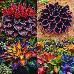 Puede incluir: Un collage vibrante de plantas coloridas. Una presenta espigas florales rojas sobre hojas veteadas de azul y rojo. Otra muestra hojas oscuras con bordes rosas. Las dos imágenes inferiores muestran plantas con follaje de colores del arcoíris, mostrando una variedad de tonos.