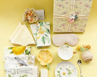 Linen Lemon Napkin Set, Floral Cloth Napkins, Summer Afternoon Tea Decor