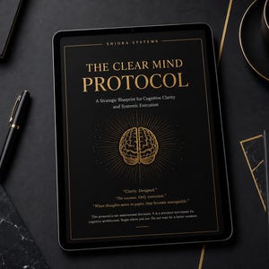 May include: A digital tablet displaying a black cover with gold text reading SHIOBA SYSTEMS THE CLEAR MIND PROTOCOL A Strategic Blueprint for Cognitive Clarity and Systemic Execution, featuring a central gold brain illustration and additional text.