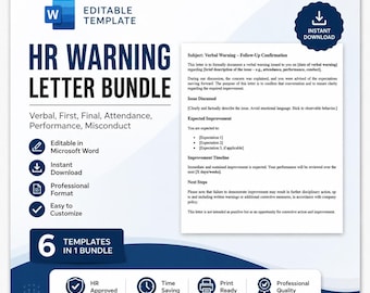 HR Warning Letter Template Bundle | Editable Employee Warning Letters | Verbal, First, Final, Attendance, Performance & Misconduct | Word