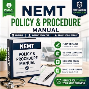 以下が含まれることがあります： 白い表紙と青い背表紙のNEMT Policy & Procedure Manualバインダー。NEMT POLICY & PROCEDURE MANUALの文字が記載されています。チェックリスト付きのクリップボード、黒いペン、聴診器がデスクの上に置かれ、情報アイコンが表示されています。