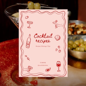 Może przedstawiać: Różowa okładka e-booka z tytułem "Cocktail recipes" w czerwonym skrypcie, otoczona czerwonymi rysunkami linii przedmiotów związanych z koktajlami. W tle kieliszek do martini z oliwkami.