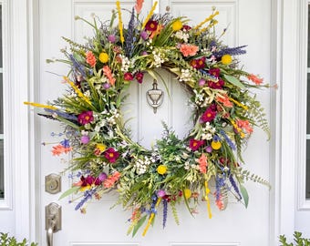 Corona bohemia de flores silvestres para puerta principal, corona floral de primavera y verano, corona de flores artificiales para decoración de casas de campo, para colgar en la pared, ideal para inauguración de casa.