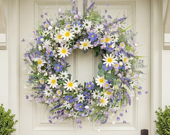 Cottagecore Daisy Wildflower Wreath for Front Door, Blue Purple Artificial Spring Summer Floral Wreath Ornament for Farmhouse, Wall Hanging