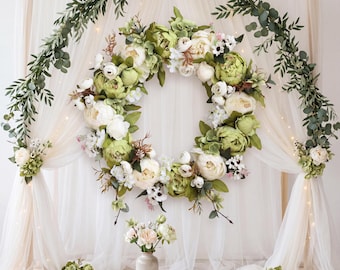 60 cm bohemisk grön bröllopskransbakgrund, blommig kransdekoration i trädgårdsstil för ceremonibåge, rustikt bröllop, bruddusch, mottagning