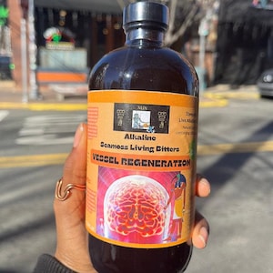 May include: A dark liquid in a clear plastic bottle with a black cap. The orange label features the text "NUN," "Alkaline Seamoss Living Bitters," and "VESSEL REGENERATION," along with an illustration of a human brain and an Egyptian deity.