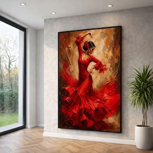 May include: A large framed painting of a flamenco dancer in a vivid red dress. The artwork uses dynamic brushstrokes to capture the dancer's movement. The background features warm, earthy tones, enhancing the dramatic effect of the dance.
