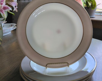 Vintage Pyrex duifgrijze dinerborden van 25 cm (10 inch) met gouden rand, melkglas - set van 4