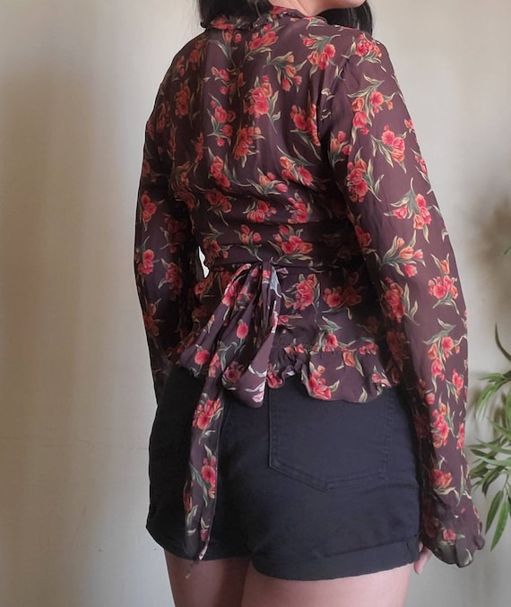 Brown + Red Floral Wrap Around Rayon Blouse - image 1