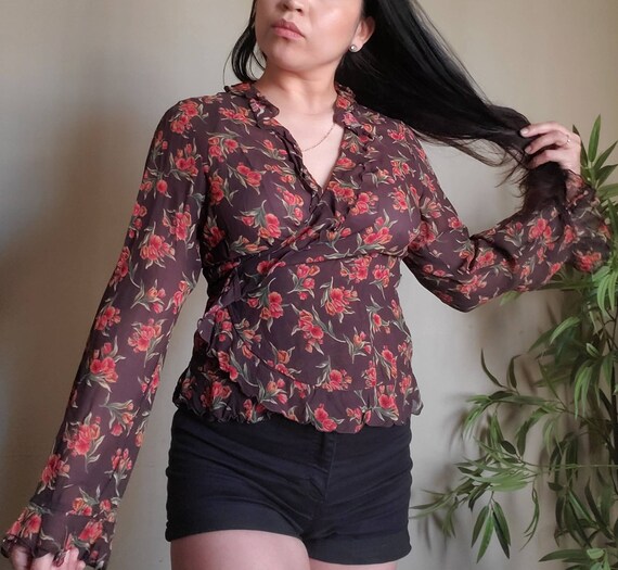 Brown + Red Floral Wrap Around Rayon Blouse - image 3