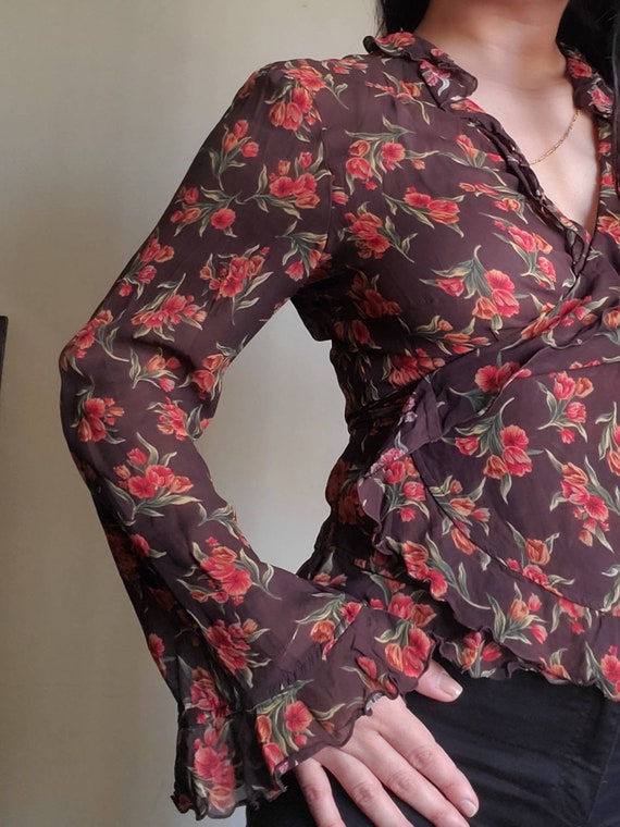 Brown + Red Floral Wrap Around Rayon Blouse - image 4